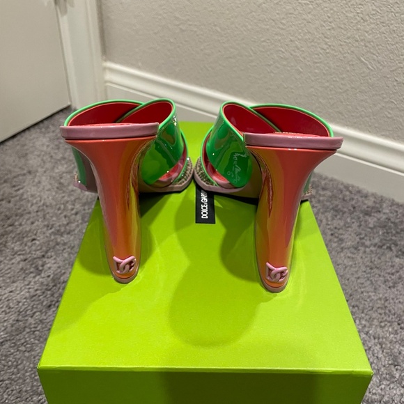 DOLCE & GABBANA Tapered-Heel Green Pink Leather Open-Crystal Toe Leather Sandals - Picture 8 of 15